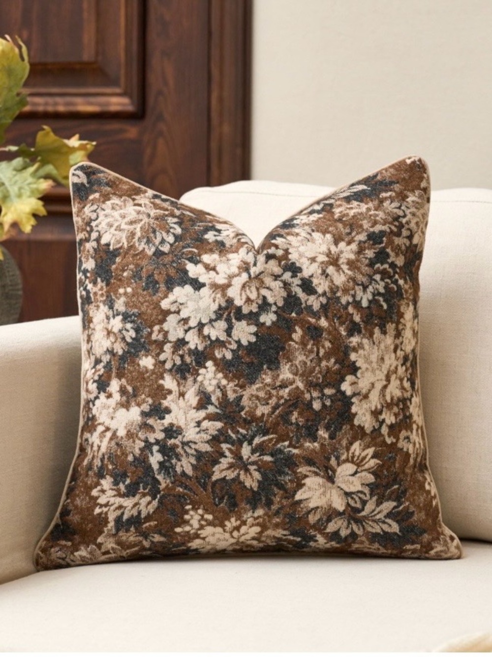 Premium Chenille Floral Pillow Cover SQUARE 24x24” (1-count) COFFEE BROWN